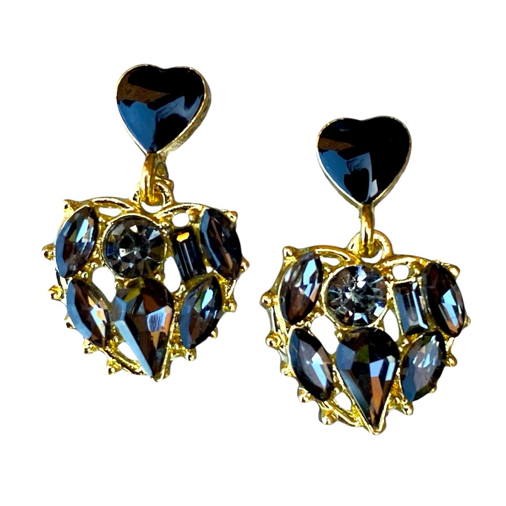 Smoky Charcoal Crystal Black Heart Enamel Heart Drop Earrings